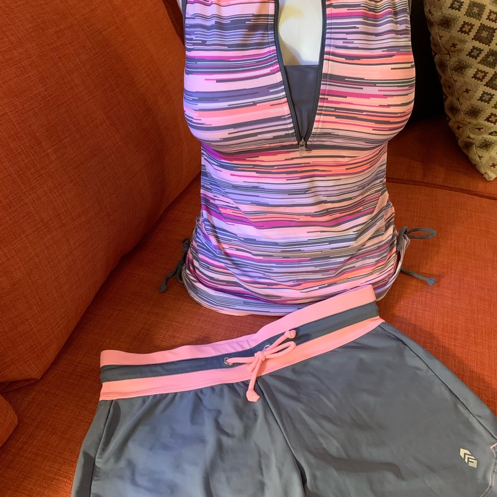 Free Country Pink and Gray Striped Tankini 2 piece Swimsuit - Picture 9 of 10